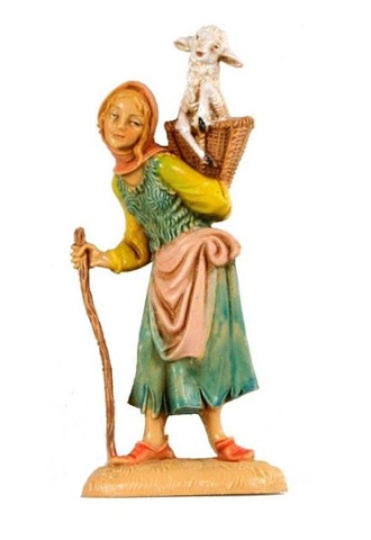 Kunstharzfiguren-10cm-Hirtin mit Lamm im Korb